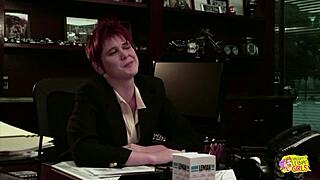 Bossy redhead licks fingers brunette secretary's pussy into submissive orgasm