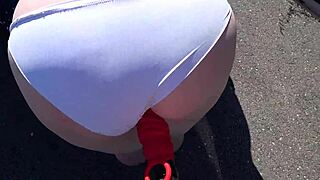gf straps on to fuck fat booty milf outdoors near car in pov