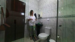 maid swaps leggings for uniform in bathroom mirror 🛀👗 casual change vibes 😊