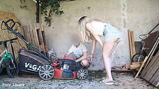 i cheated with the hot gardener in our garage while hubby's away, he bent me over for rough doggystyle creampie in my tight wet pussy