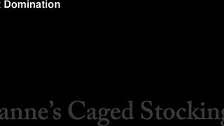 Roxanne teases caged slave's cock with stocking footjob torment