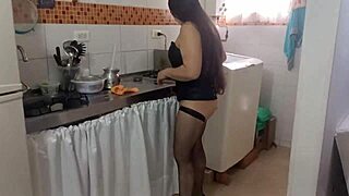 met her at the bar now she's my slutty maid in sheer corset stockings heels doing chores while i grope her curvy latina ass