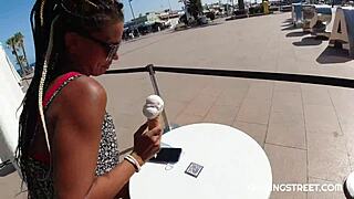 wow he invites her for cream but she sucks his huge clit street style HUGE BOOBS TOO!