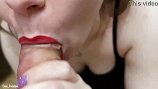 Ultra Closeup Red Lipstick Blowjob Ends with Hot Facial Cumshot
