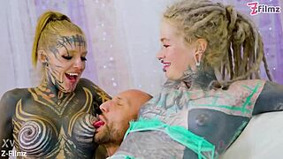 Threesome tattooed teen takes world champ facial gape fuck!