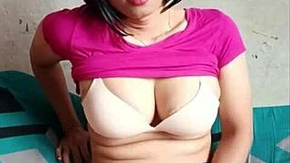 big boobs shemale strokes her cock in solo masturbation session
