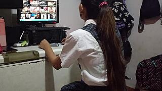 Peruvian schoolgirl sneaks into stranger's room for wet pussy licking and cum-guzzling blowjob finish