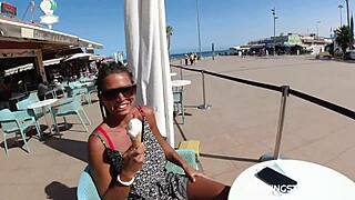 wow he invites her for cream but she sucks his huge clit street style HUGE BOOBS TOO!