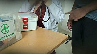 doctor sneaks steamy blowjob on patient cock in clinic shadows