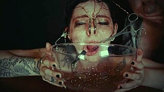 imagine emo goth whore bound in garage, face tied, crying from rough piss punishment