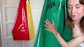 Squirting Redhead Milf in PVC Apron Masturbates Wildly