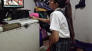 Peruvian schoolgirl sneaks into stranger's room for wet pussy licking and cum-guzzling blowjob finish