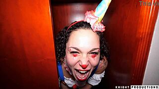 betty buttplug the clown deepthroats monster cock sloppy with gags spits and cum facial