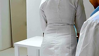 naughty nurse bent over desk for doctor's hard doggystyle creampie pounding.
