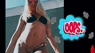 a very hot horny milf wife dances in bikini before pussy play in the garden