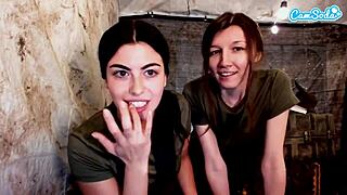 hey, watch these two amateur lesbian soldiers kiss, finger pussies and play in quarters...