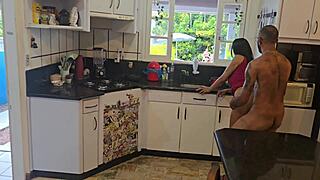 Hey, watch me fuck my husband's friends in the kitchen while he cleans the pool - part 2!