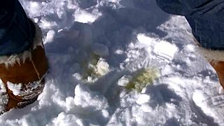 ski trip turns wild as cute blonde rips clothes and pees in fresh snow