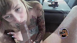 petite latina slurps ebony monster cock in public backseat action