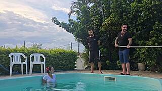 Hey, watch me fuck my husband's friends in the kitchen while he cleans the pool - part 2!