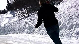 ski trip turns wild as cute blonde rips clothes and pees in fresh snow