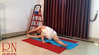 curvy milf regina noir strips white panties for nude yoga pussy tease in gym