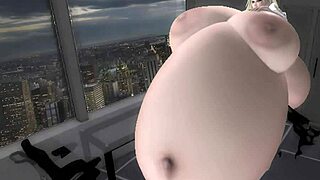whoa, secretary's belly swells huge from wild inflation play on desk.