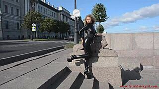 i'm walkin in latex mona sexy suit high heels down street feelin tight ass