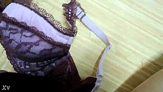 stepsis pink bra catches thick cumshot over black lingerie