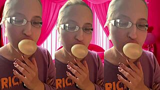 asmr glasses girl bursts bubblegum bubbles in headphones