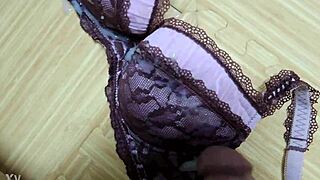 stepsis pink bra catches thick cumshot over black lingerie