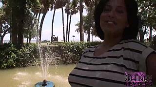 dreamy thick latina teases big tits before public nude flash