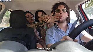 two horny italian lesbian hitchhikers share my cock for outdoor double blowjob and fuck