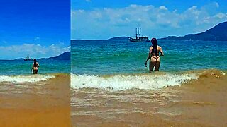 following a latina tourist around the beach in brasil