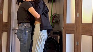She plays doctor and patient with stepbrother's wife on the washer to cure her ills.