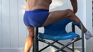oh man deep pelvic stretches in blue briefs hugging my cock on that chair legs wide