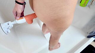 Wife Caught Shoving Big Dildo Deep In Shaved Pussy While Shower Masturbation