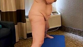 Sexy Mature Vee Bends in Naked Yoga with Saggy Natural Tits Swinging