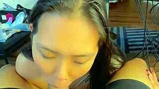 Asian babe slurps huge cock deepthroat, rides cowgirl, swallows massive facial cumshot.