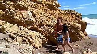 whoa, peeping mommy crashes beach couple's fuck for public cum-swallowing threesome
