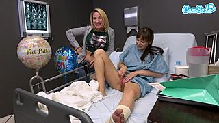 horny milf with juicy big tits masturbates wet pussy on hospital bed then handjobs stranger cum on tits