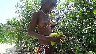 Skinny African Village Girl Fucked Bathing in Outdoor Forest.