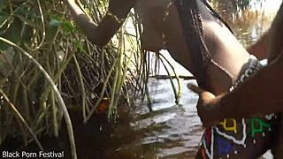 Skinny African Village Girl Fucked Bathing in Outdoor Forest.
