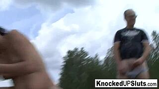 pregnant slut sucks cock then spreads pussy wide outdoors