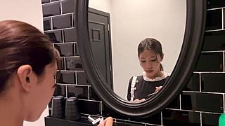 asian maid's shaved pussy moans loud while covered in cum after blowjob duties 😘🍆