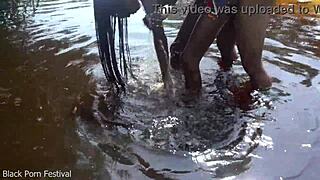 Skinny African Village Girl Fucked Bathing in Outdoor Forest.