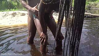 Skinny African Village Girl Fucked Bathing in Outdoor Forest.