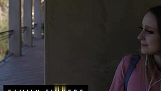 skinny brunette seduces her stepdad after argument. she rides his cock to make peace.