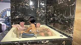 Sexy latina joins friend for hard jacuzzi fuck with deepthroat and doggystyle