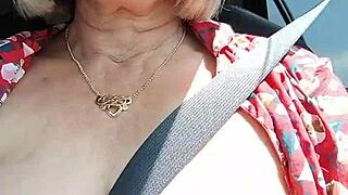 hey watch me ride down the road flashing my huge housewife tits out